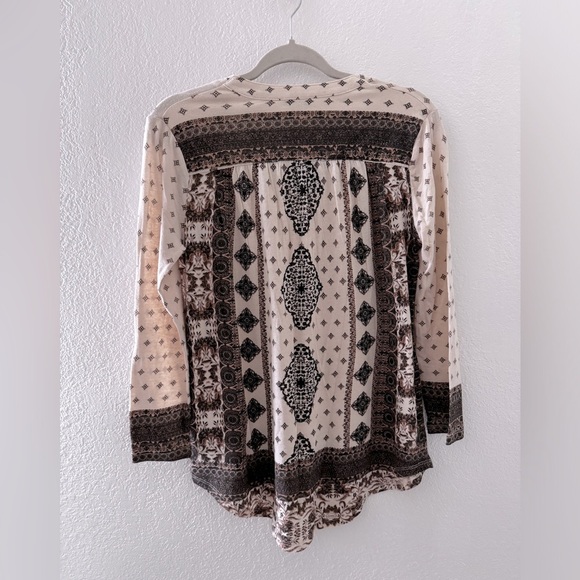 Lucky brand boho geometric 3/4 sleeve V-neck top cotton linen blend size small - Picture 2 of 12